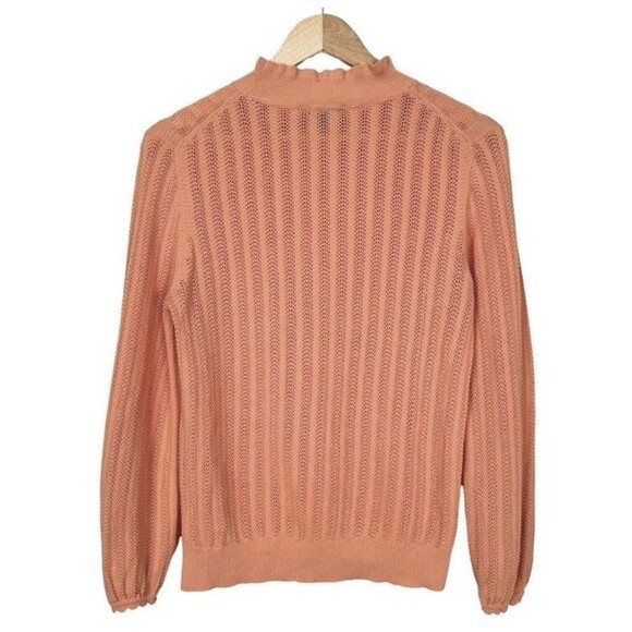 J Crew Women Ruffle Sweater M Peach Sheer Preppy Pastel Pointelle 100% Cotton - Picture 2 of 12